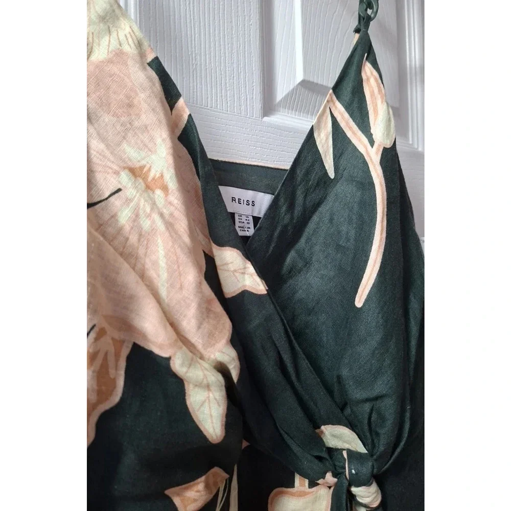 Reiss Alice Fitted Green Floral Linen Chain Strap Midi Dress Size 4 Wrap New - Picture 13 of 16